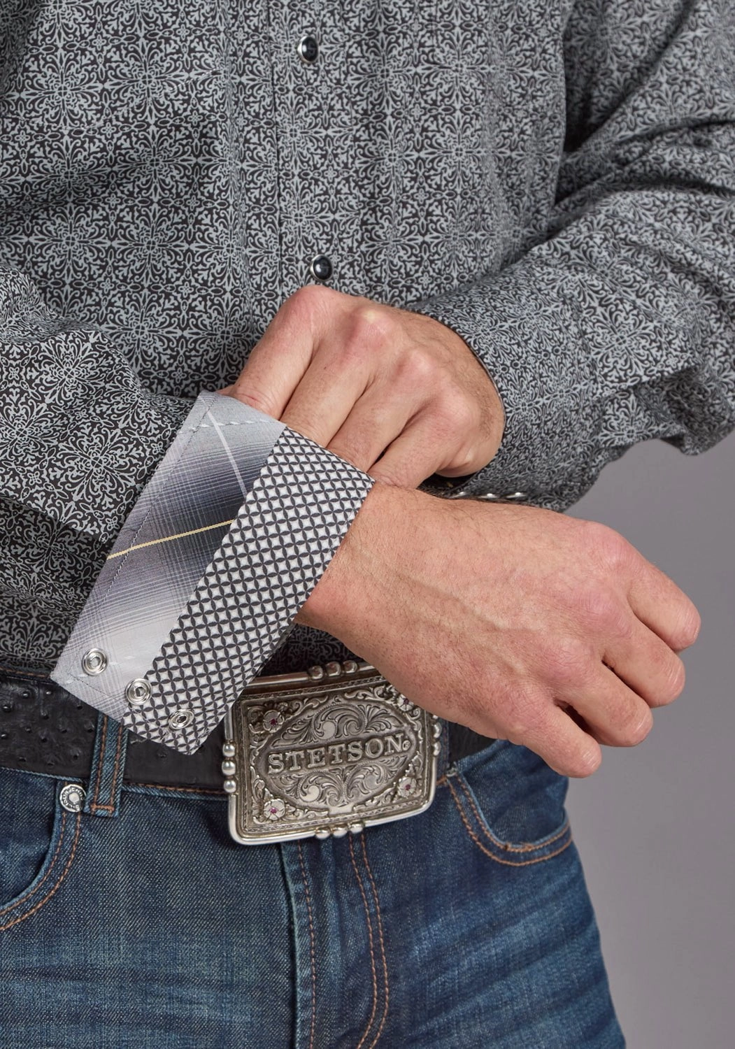 Stetson Mens 2237 Iron Filigree Grey 100% Cotton L/S Shirt Poolside Lounge