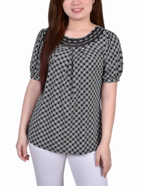 Interlock Weave Versatile Comforted Short Puff Sleeve Sheer Inset Top