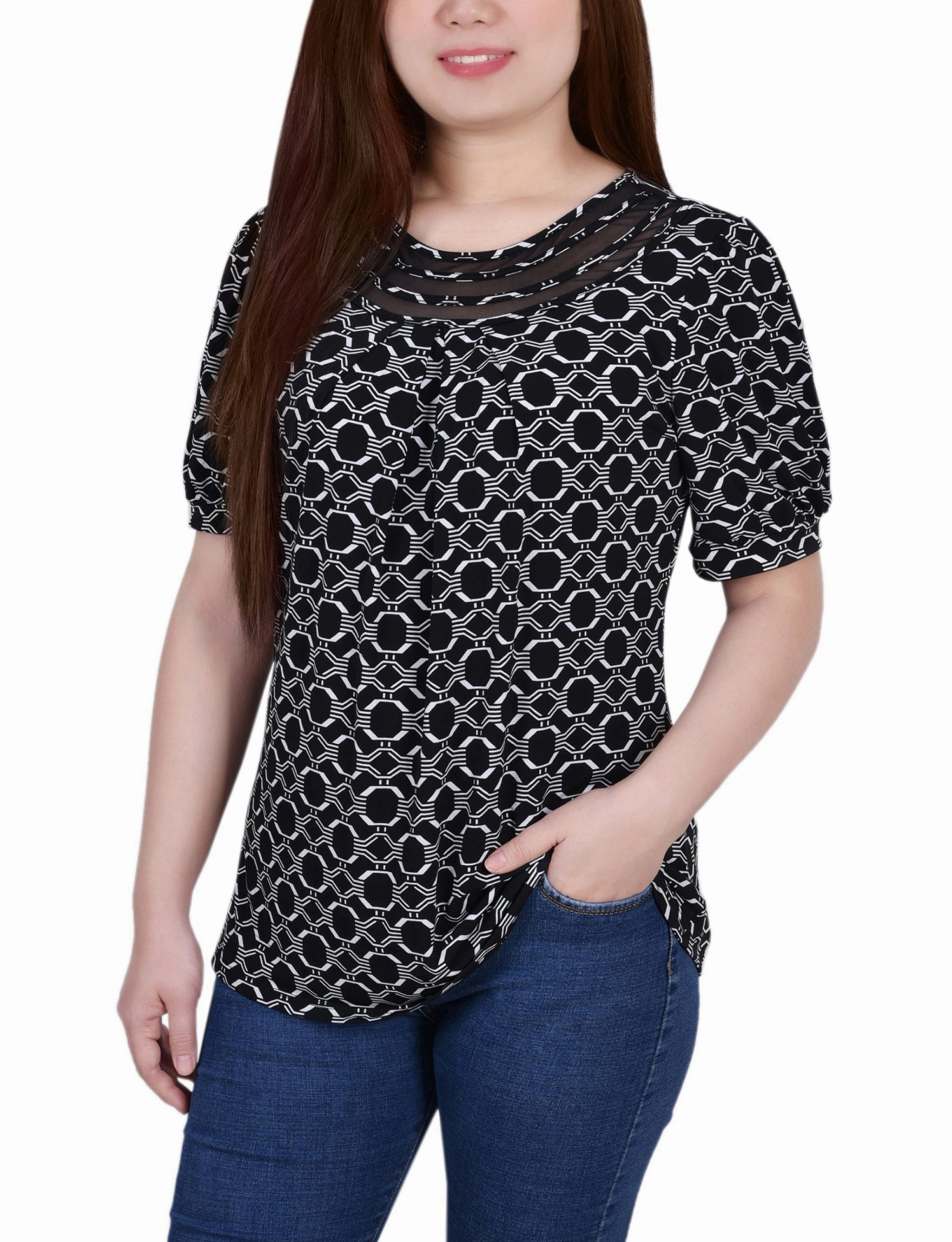 Go-To Fit Short Puff Sleeve Sheer Inset Top