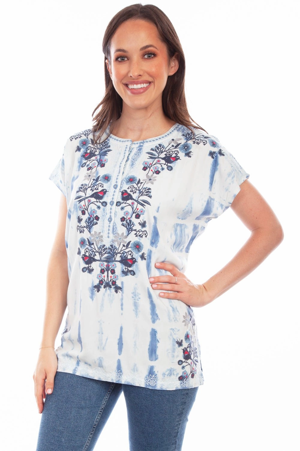 Must-Have Item Neutral Tones Scully Womens Light Blue Viscose Tie-Dyed Vines S/S Blouse