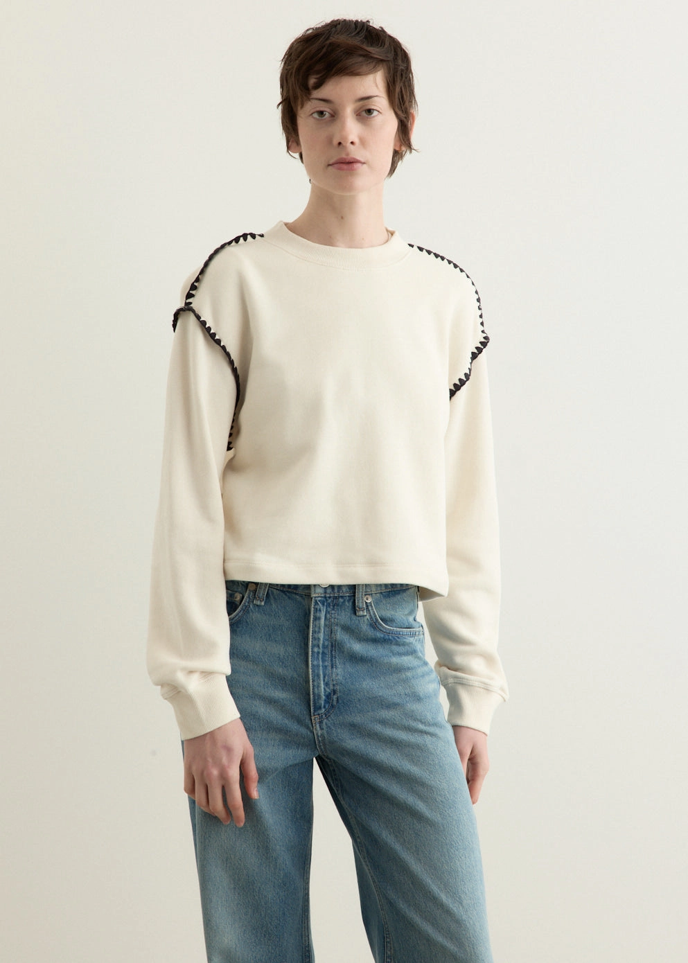 Crew Neckline Soft Stretch Vintage Terry Blanket Stitch Pullover