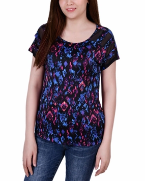 Layered Texture Recycled Polyester Thread Short Sleeve Top With Mesh Sleeve