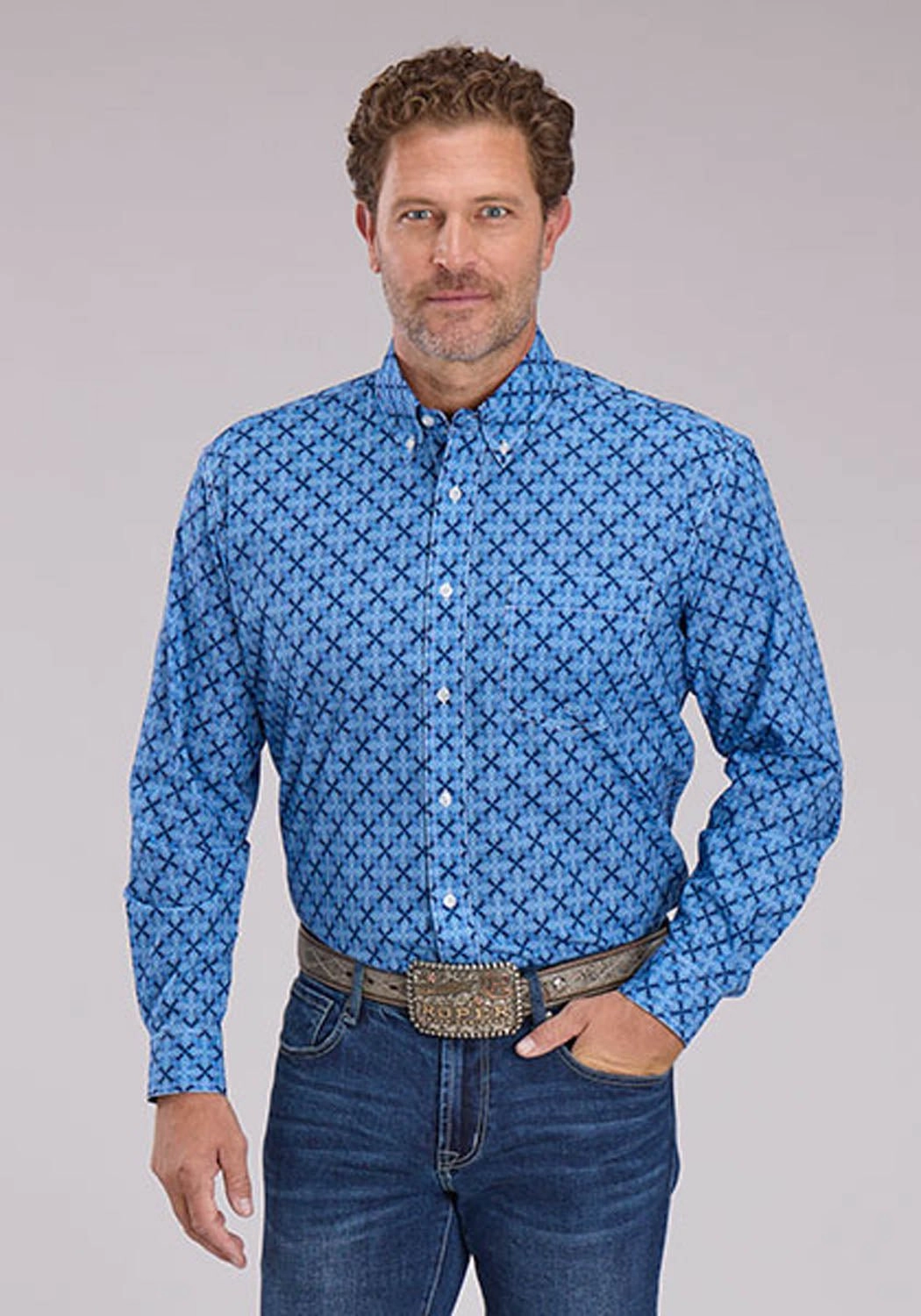 Layered Collar Roper Mens 2497 Ribbon Medallion Blue 100% Cotton 1 Pkt L/S Shirt