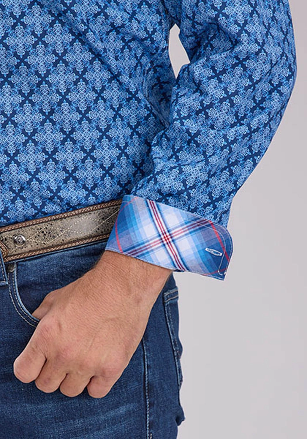 Roper Mens 2497 Ribbon Medallion Blue 100% Cotton 1 Pkt L/S Shirt Short Sleeve