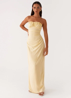 Xena Gathered Maxi Dress - Yellow Embroidered-Detail Pastel-Tone
