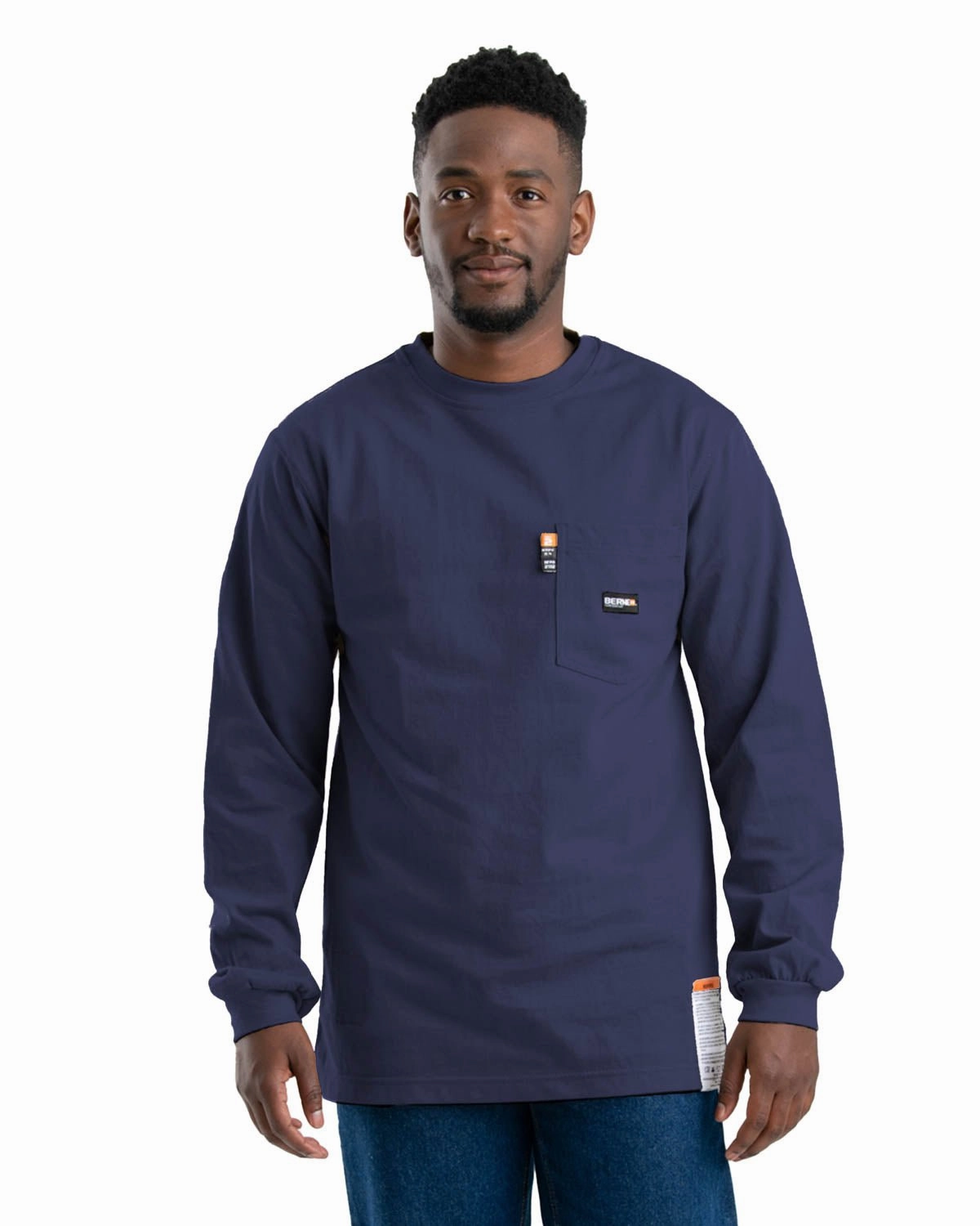 Berne Mens Flame Resistant Crew Neck Pocket Navy 100% Cotton L/S T-Shirt Distressed finish Moisture Wicking Layer