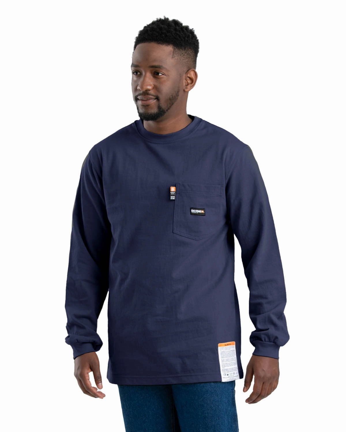 Quick Release Placket Tailored Cut Berne Mens Flame Resistant Crew Neck Pocket Navy 100% Cotton L/S T-Shirt