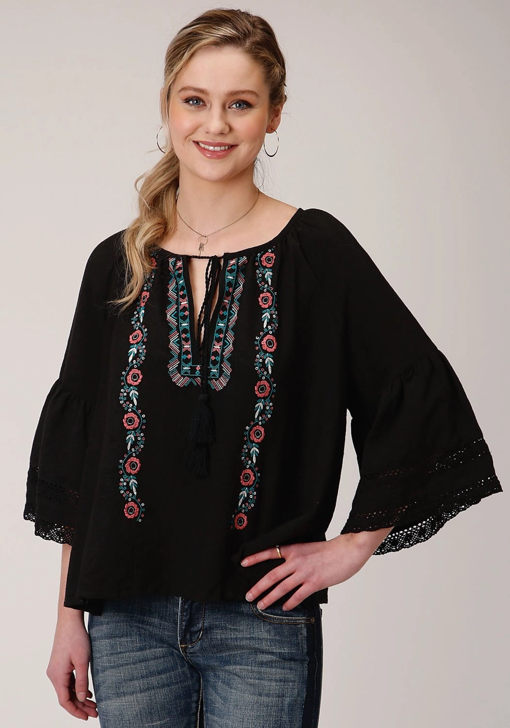 Odor Control Technology mix and match Roper Womens Black 100% Cotton Peasant 3/4 Sleeve Blouse