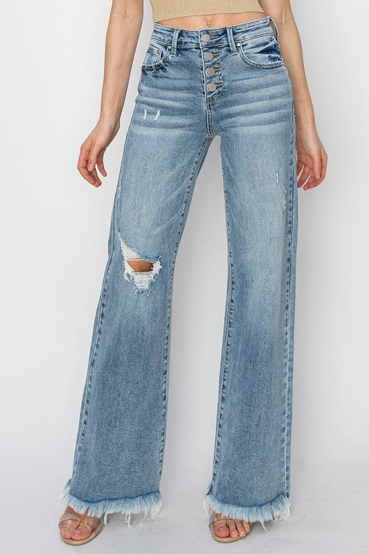 Leah Mid Rise Button Down Wide Leg Jeans On-the-Go Look Relaxed Basics
