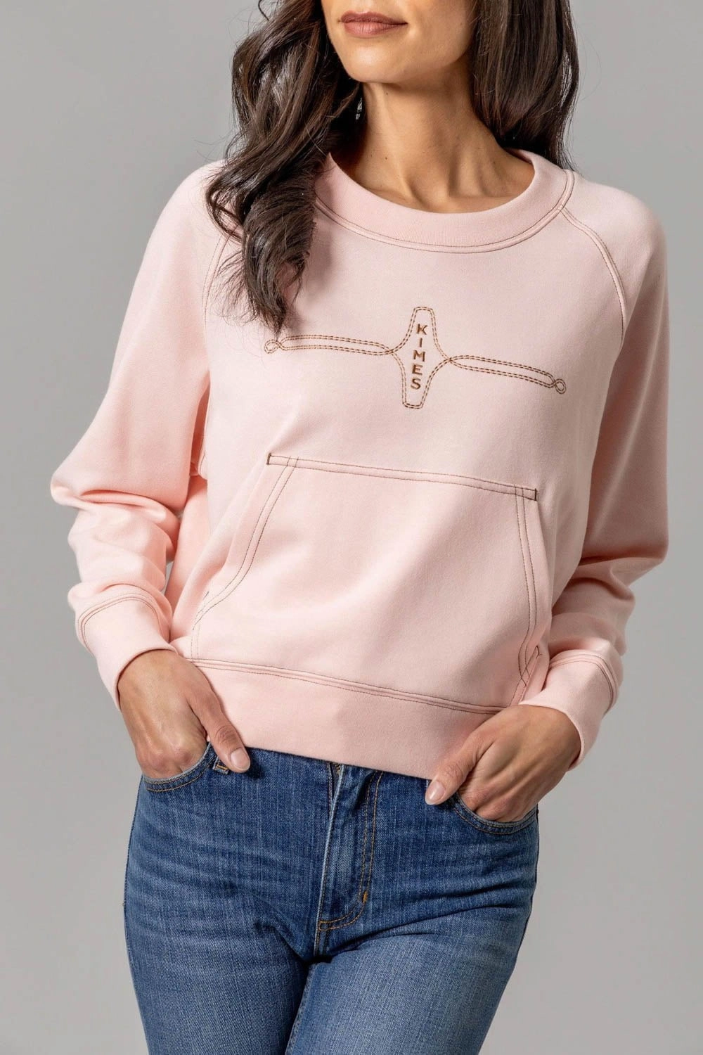 Kimes Ranch Womens Gracie Cropped Crewneck Pink Cotton Blend Sweatshirt Thermal Lock Stitching
