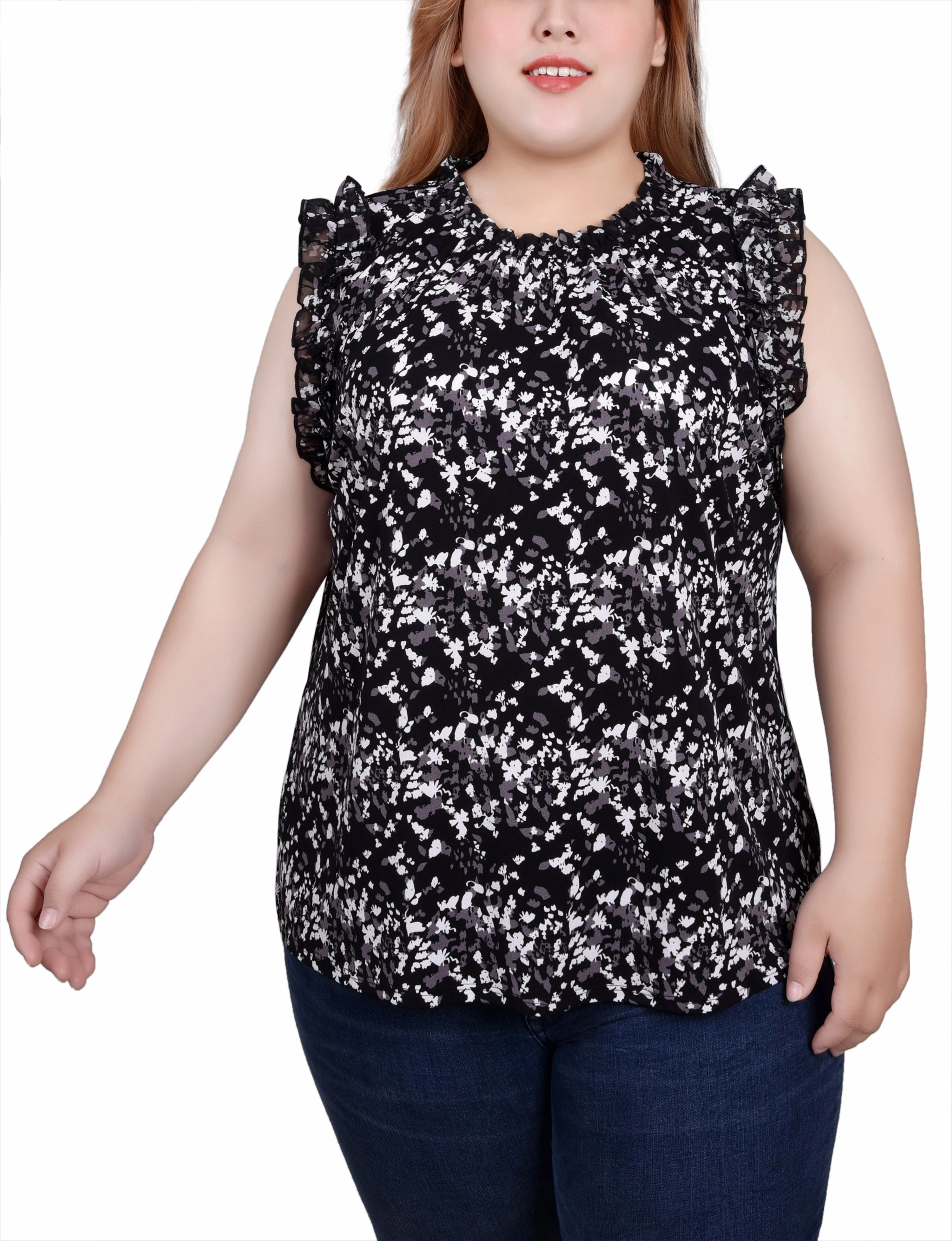 Bless Touch SoftTouchTexture Plus Size Sleeveless Crepe Top With Chiffon Ruffles