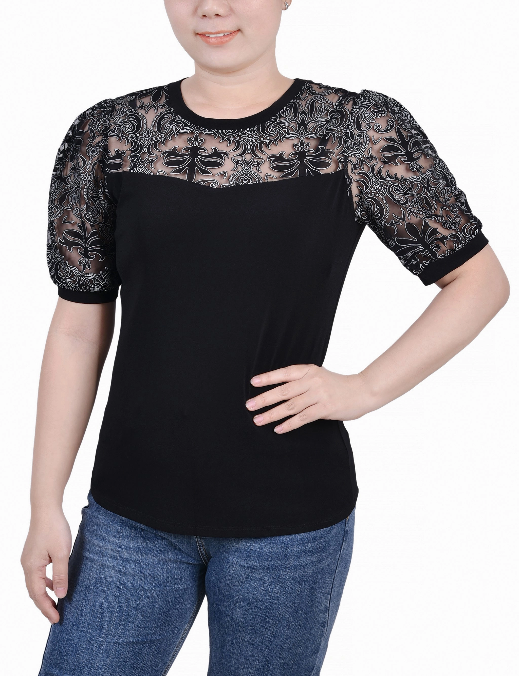 AntiPilling Finish Petite Puff Lace-Sleeve Top