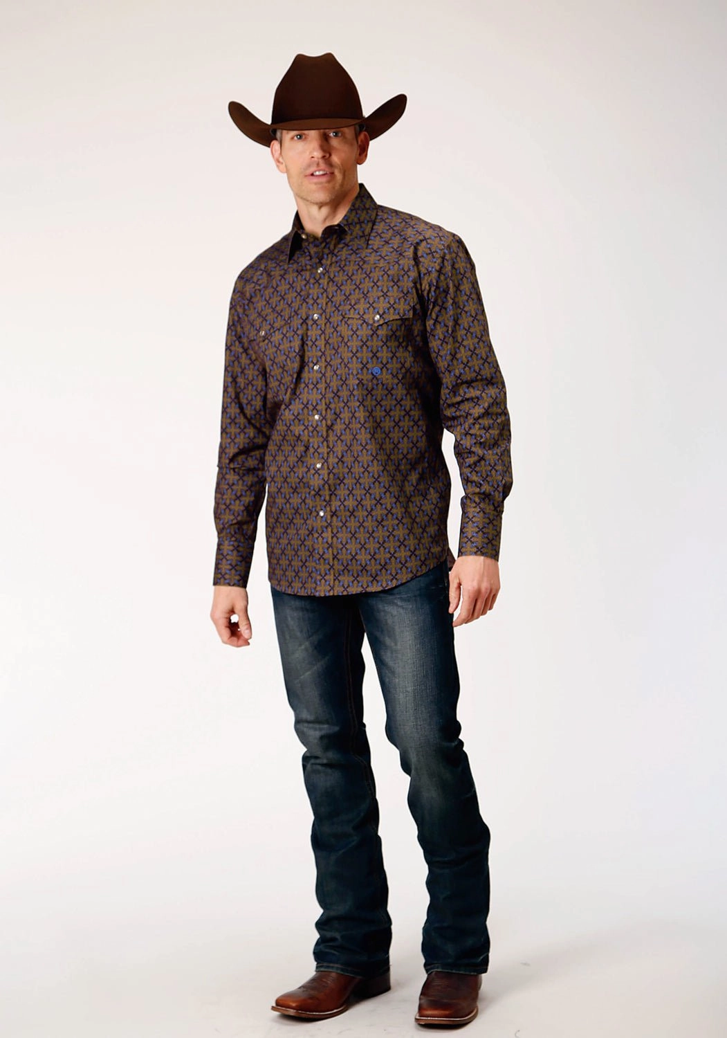 Minimalist Closure Unisex Option Roper Mens Diamond Medallion Brown 100% Cotton L/S Shirt