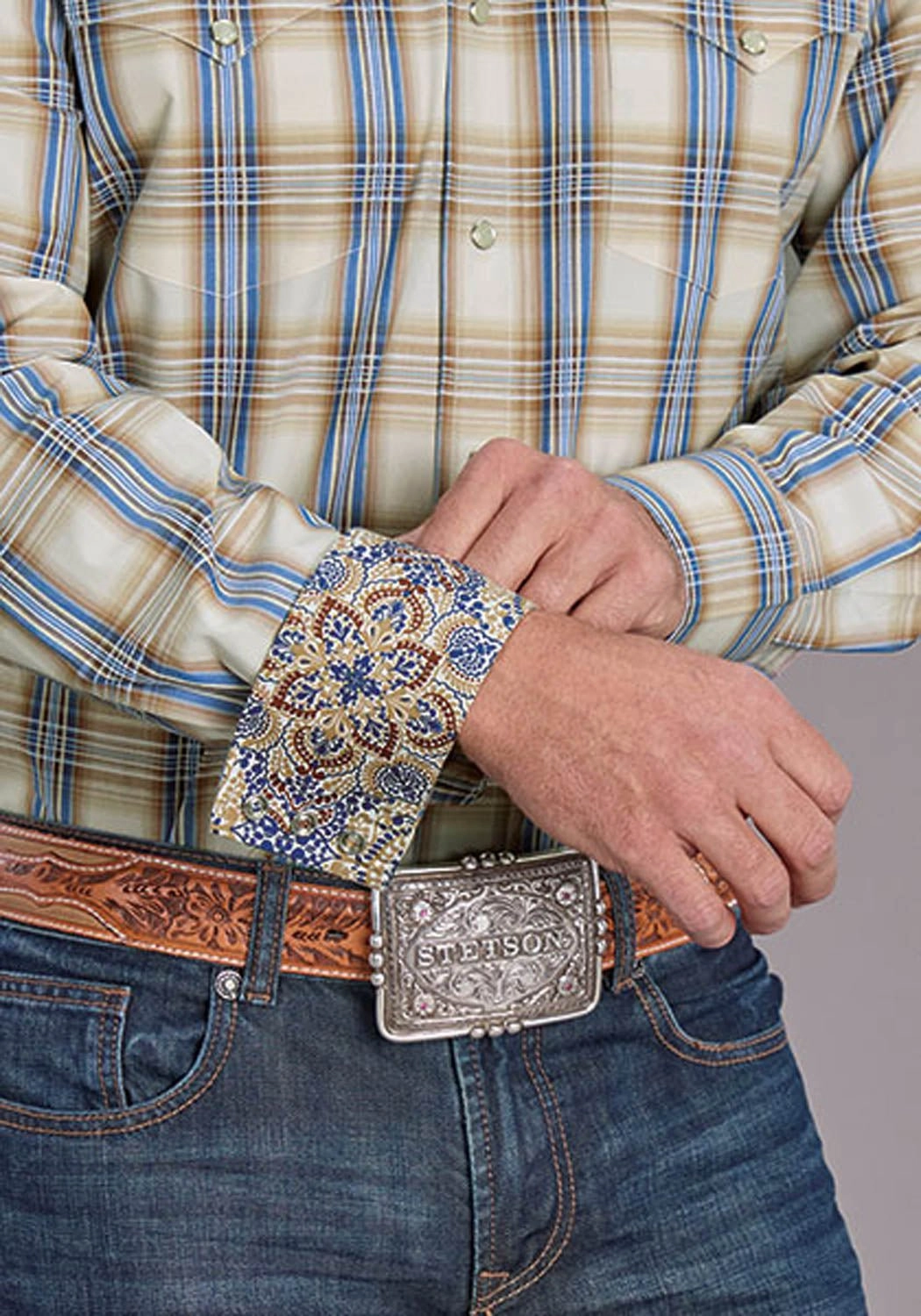 birthday celebration wrinkle free Stetson Mens 2514 Cinnabar Plaid Tan/Blue 100% Cotton L/S Shirt