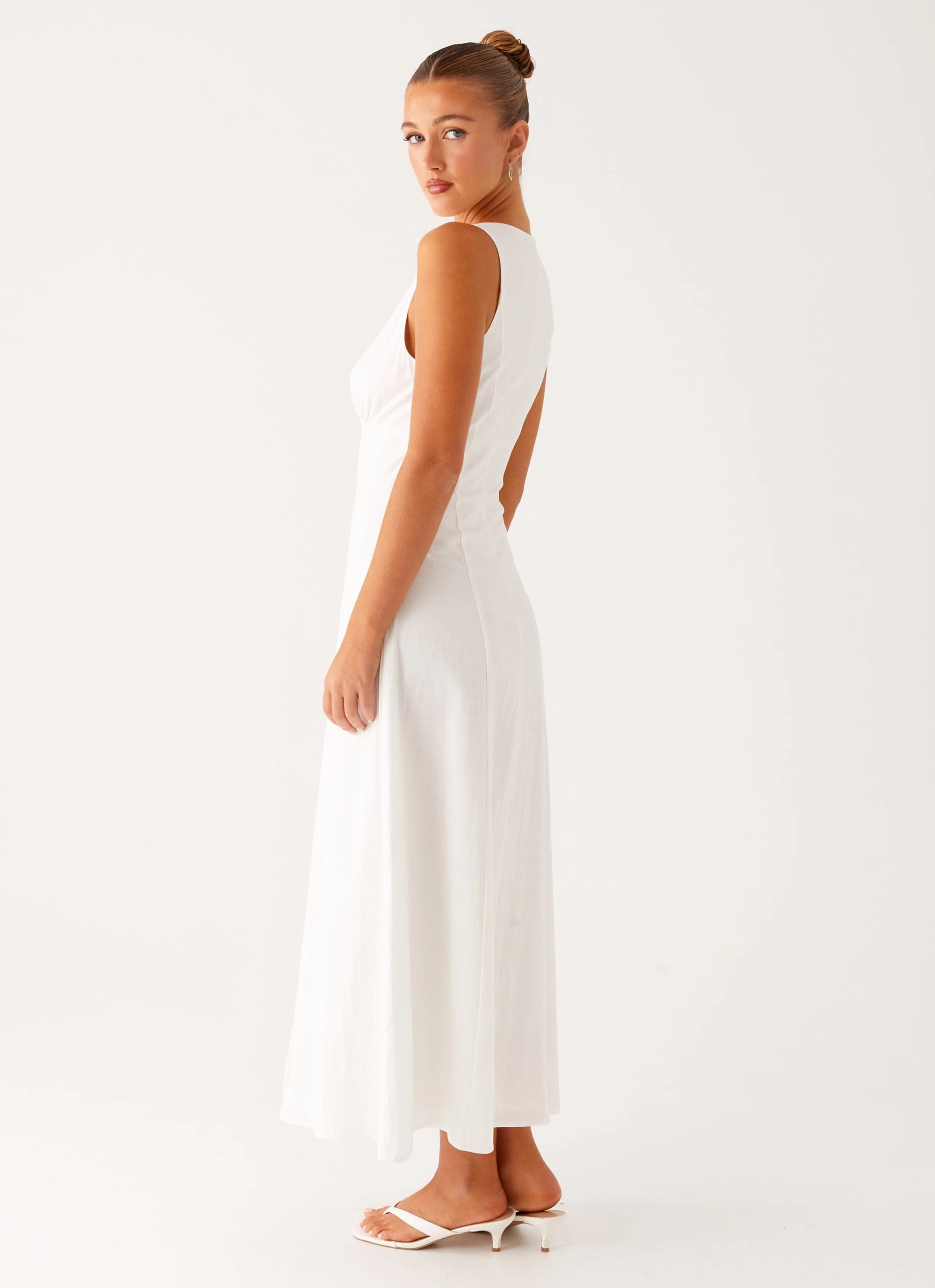 Tamsin Linen Maxi Dress - White Flattering Fit for All Mid Season