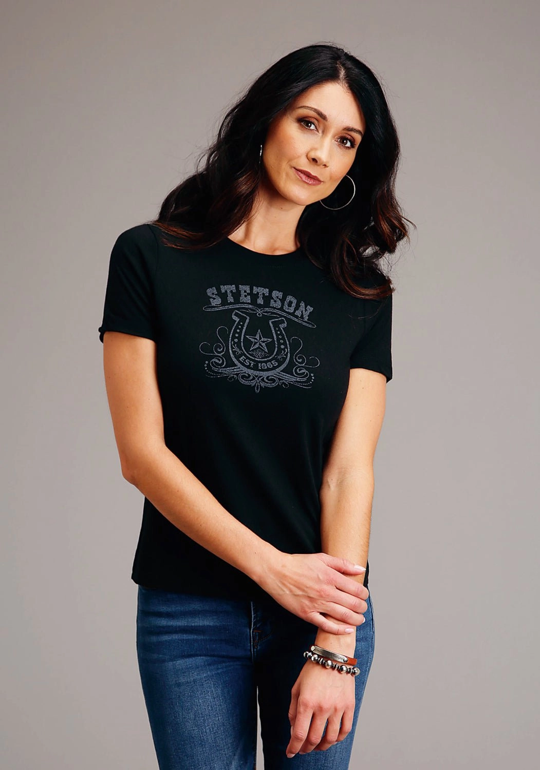 Stetson Womens Vintage Black Cotton Blend Horseshoe S/S T-Shirt Split hem Travel-friendly