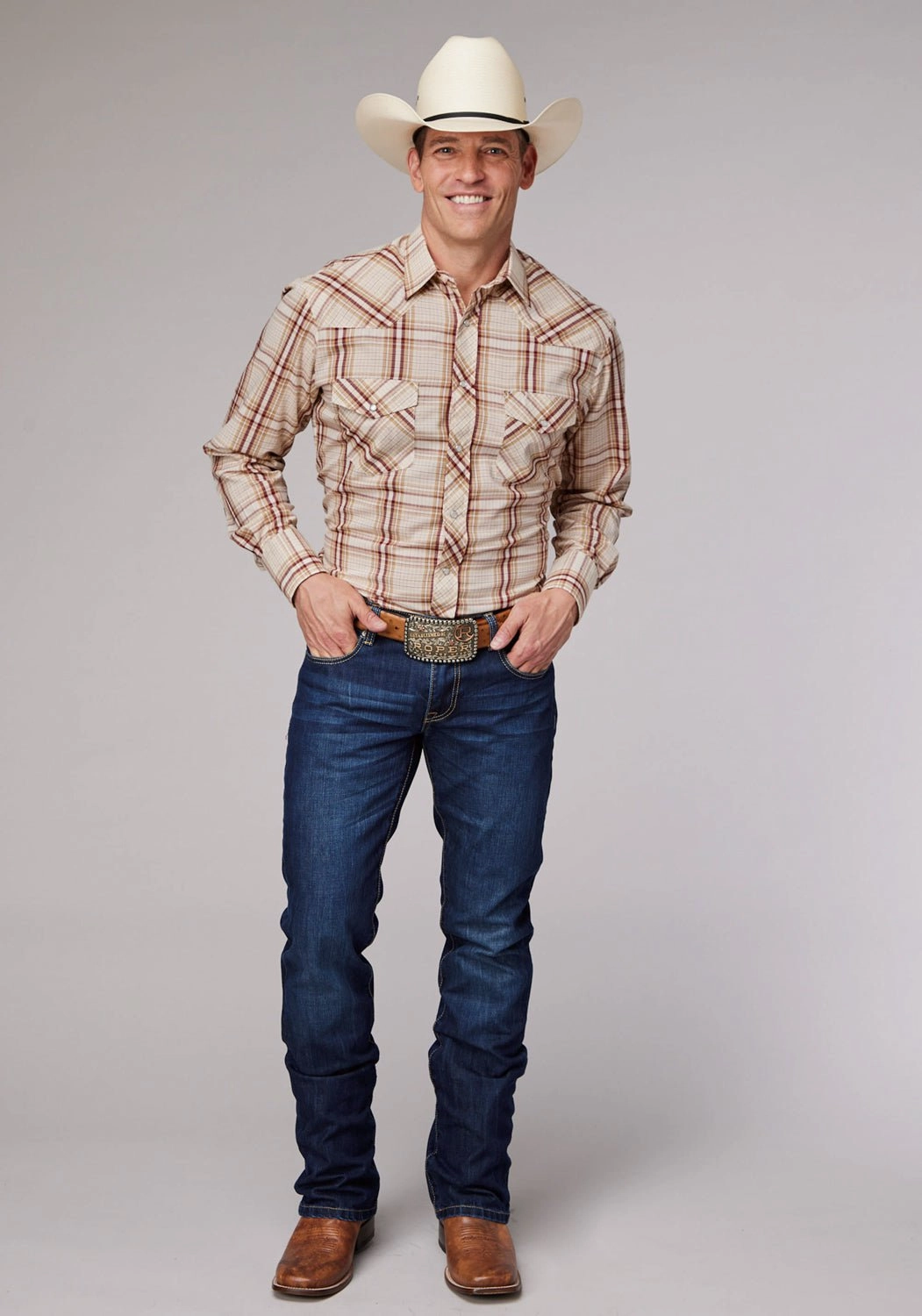 Handcrafted Detail Roper Mens 2063 Tall Plaid Tan/Cream Cotton Blend L/S Shirt