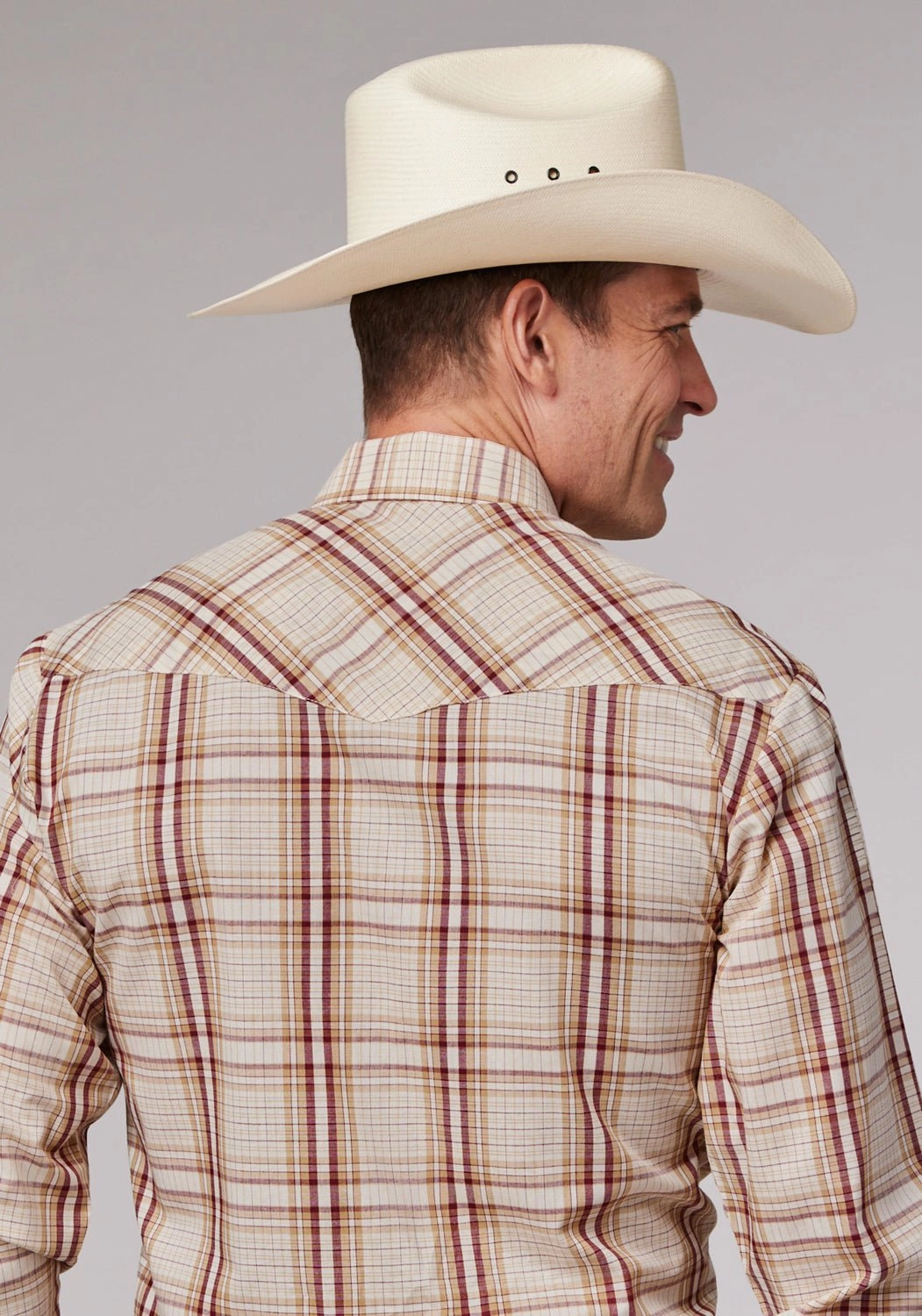 Tall Length networking event Roper Mens 2063 Tall Plaid Tan/Cream Cotton Blend L/S Shirt