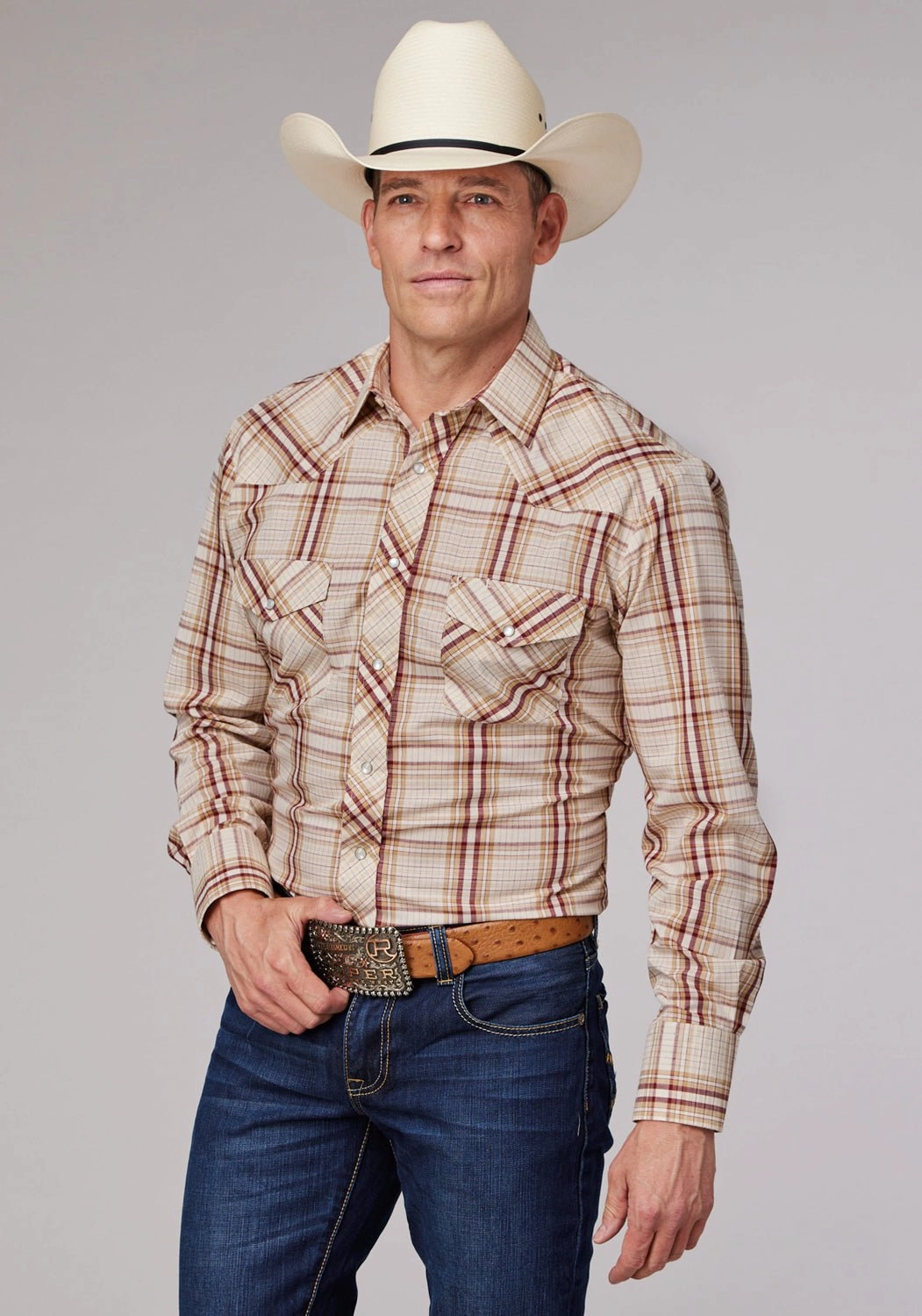 Bold Print Roper Mens 2063 Tall Plaid Tan/Cream Cotton Blend L/S Shirt