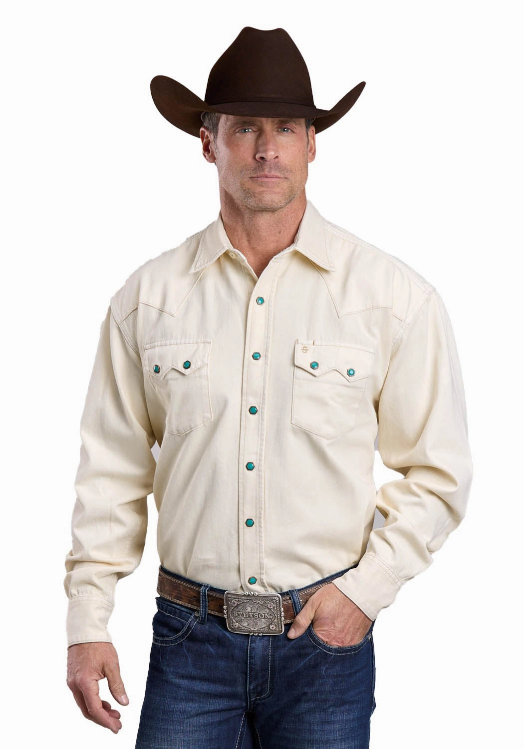 Stetson Mens 2 Point Back Yoke Cream 100% Cotton L/S Shirt Graphic Art Sustainable fashion