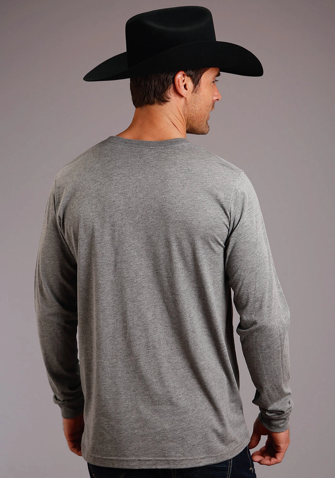 Stetson Mens Grey Cotton Blend Dark Gold Logo L/S T-Shirt Hidden Button Placket