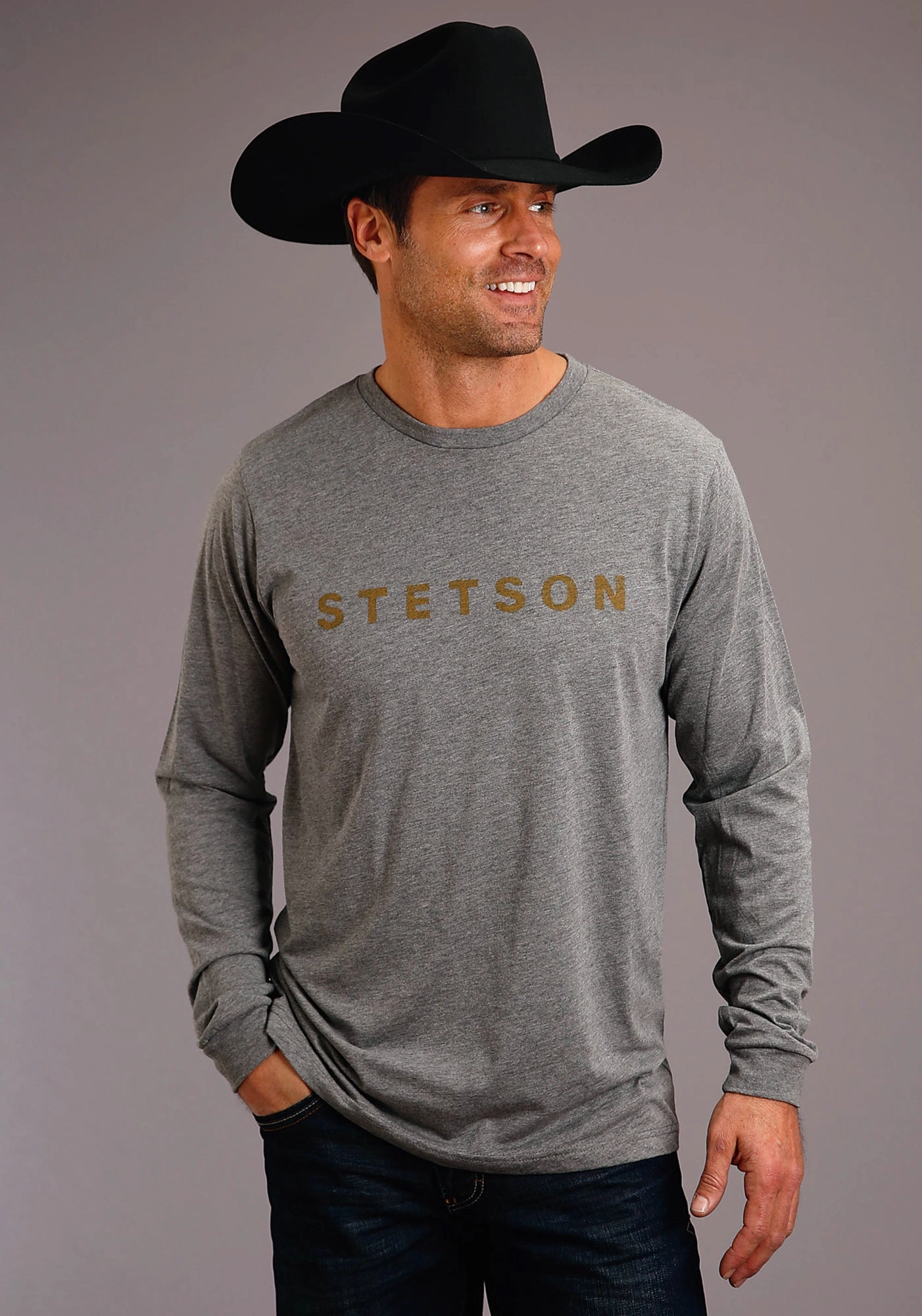 Fashion-Forward Chic Ensemble Stetson Mens Grey Cotton Blend Dark Gold Logo L/S T-Shirt