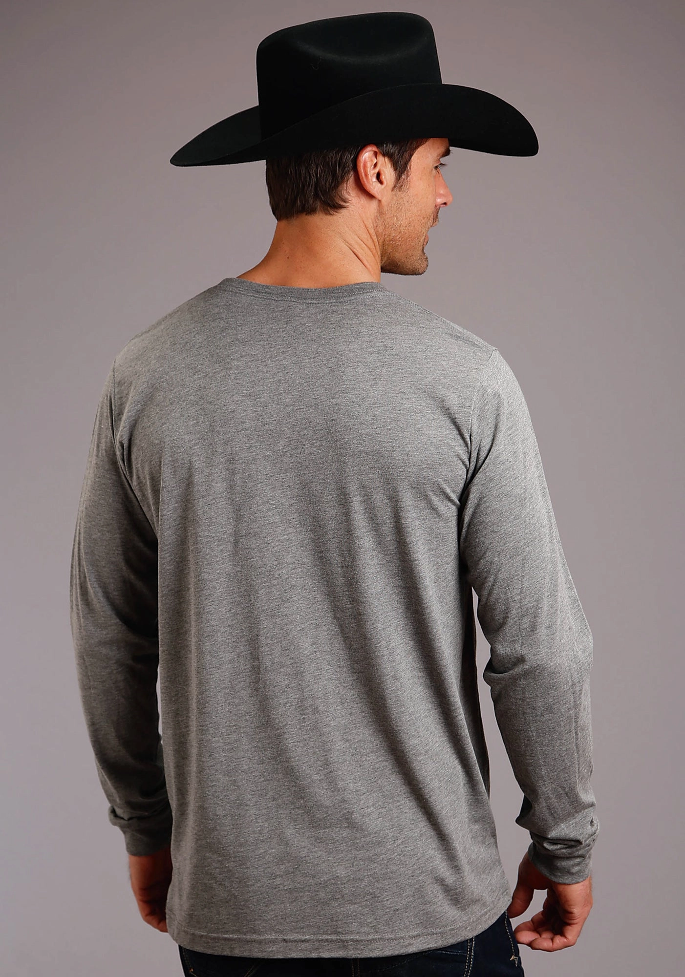 Monochrome Palette Polished Placket Stetson Mens Grey Cotton Blend Dark Gold Logo L/S T-Shirt