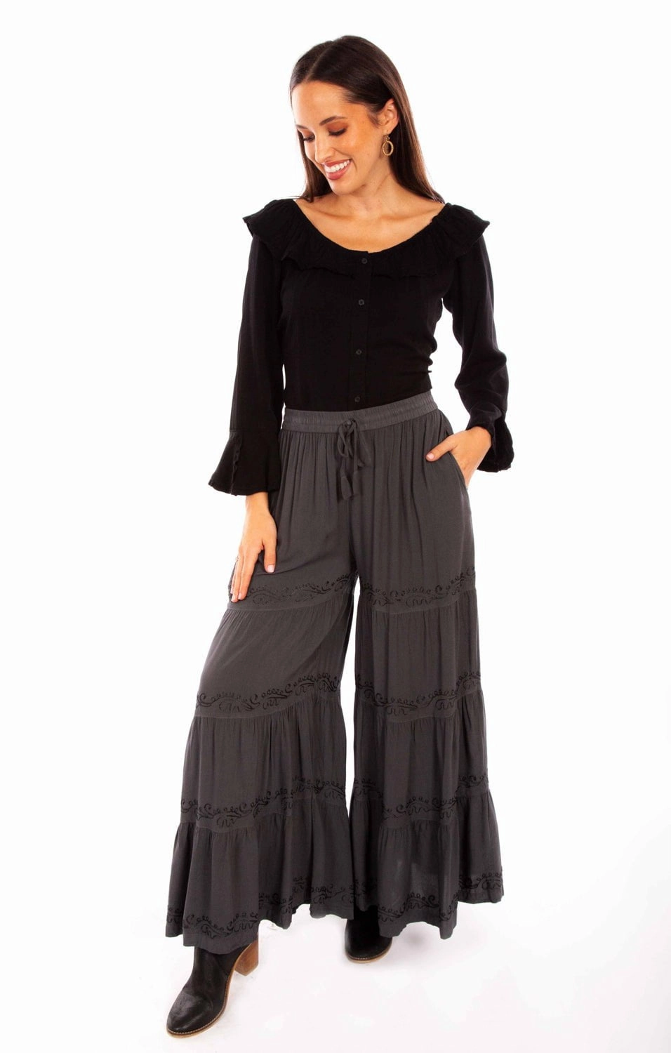 Scully Womens Gun Metal Rayon Palazzo Pants Teen Outfit Bold Urban Explorer Smooth Road Trip