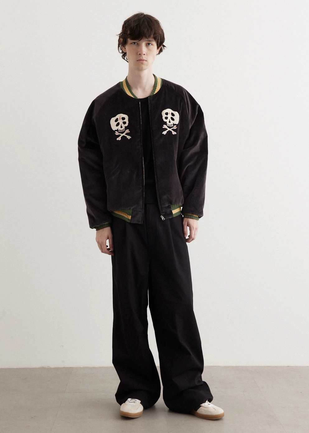 Noise Reduced Fastener System Sulfer Dyed Velvet Souvenir Jacket (RAINSKULL)