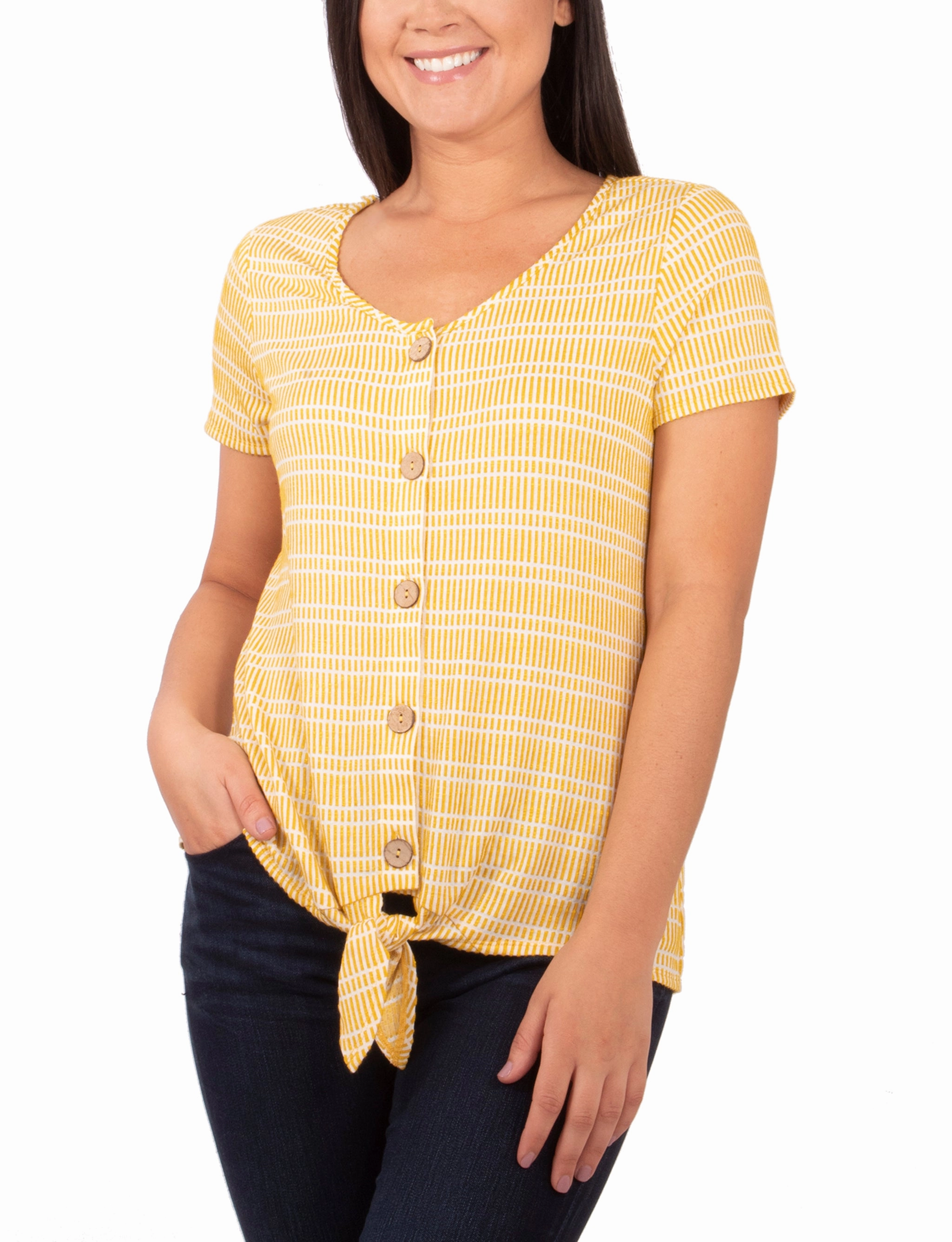 Short Sleeve Button Front Top With Tie At Hem Durable Weave Worn In