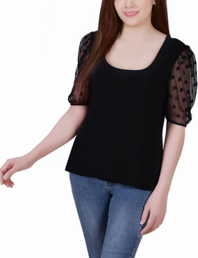 Layered Cuff Yarn Dyed Elbow Sleeve Crepe Top With Mesh Dotted Sleeves