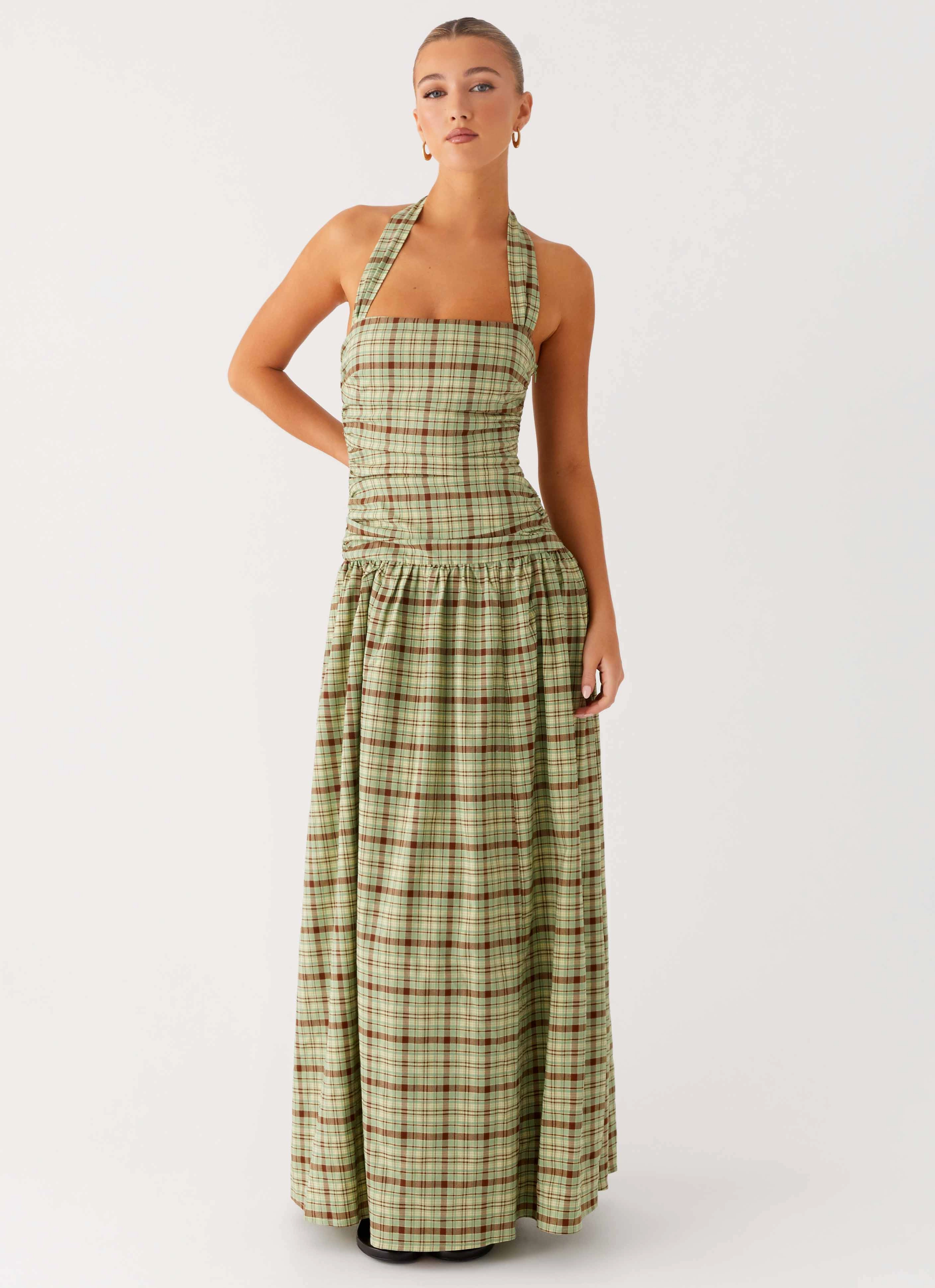 Lilith Maxi Dress - Forest Plaid Free Shape Textured Layers