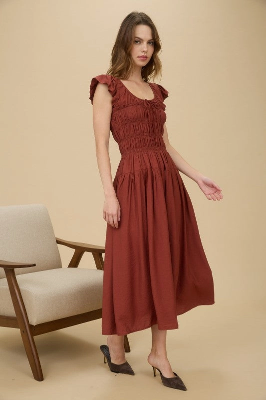 Lillian Shirred Bodice Ruffle Sleeve Midi Dress Comfy and Chic