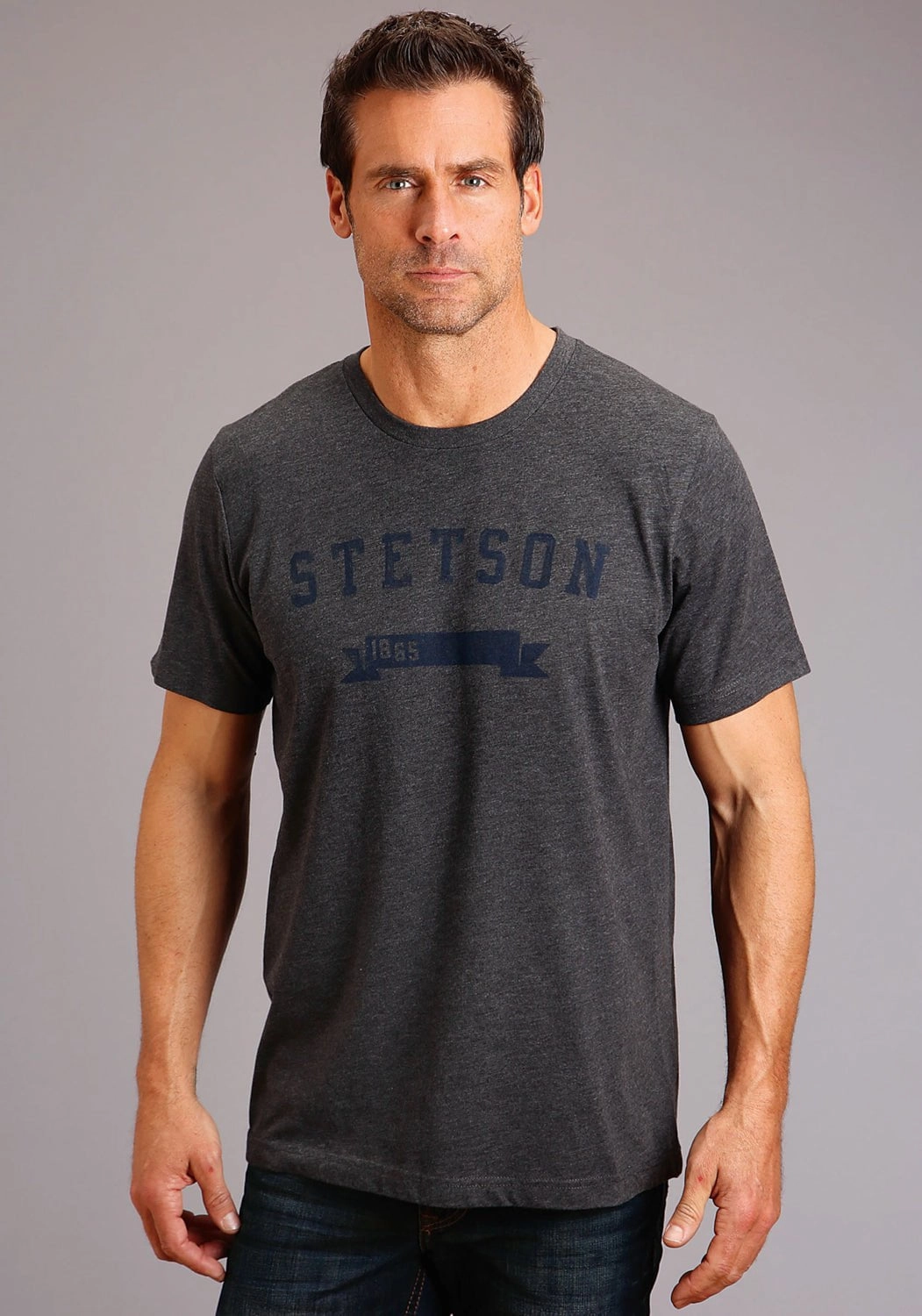 Stetson Mens Dark Grey Cotton Blend Banner 1865 S/S T-Shirt Flexible Mobility Modern Aesthetic