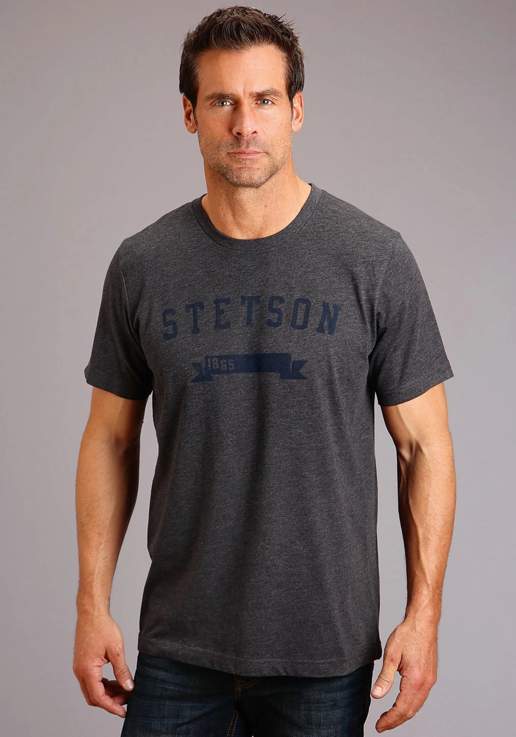 Tall Length Stetson Mens Dark Grey Cotton Blend Banner 1865 S/S T-Shirt