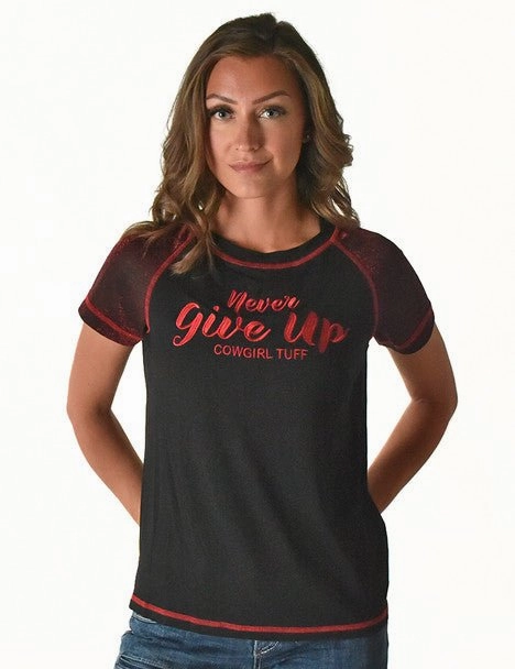 Cowgirl Tuff Womens Never Give Up Shimmer Dark Red Nylon S/S T-Shirt All Purpose Weave Design