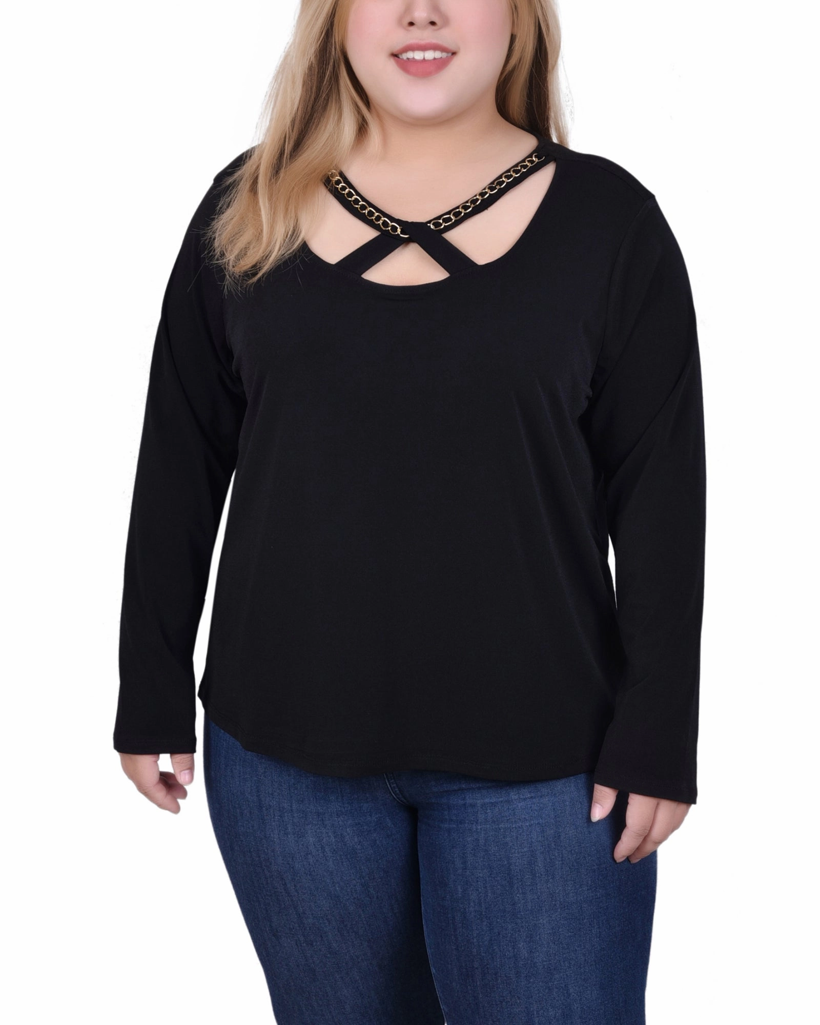 Stay Warm Breathable Mesh Panels Long Sleeve Jeweled Neck Top