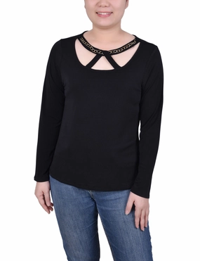 Long Sleeve Jeweled Neck Top Relaxed Layer