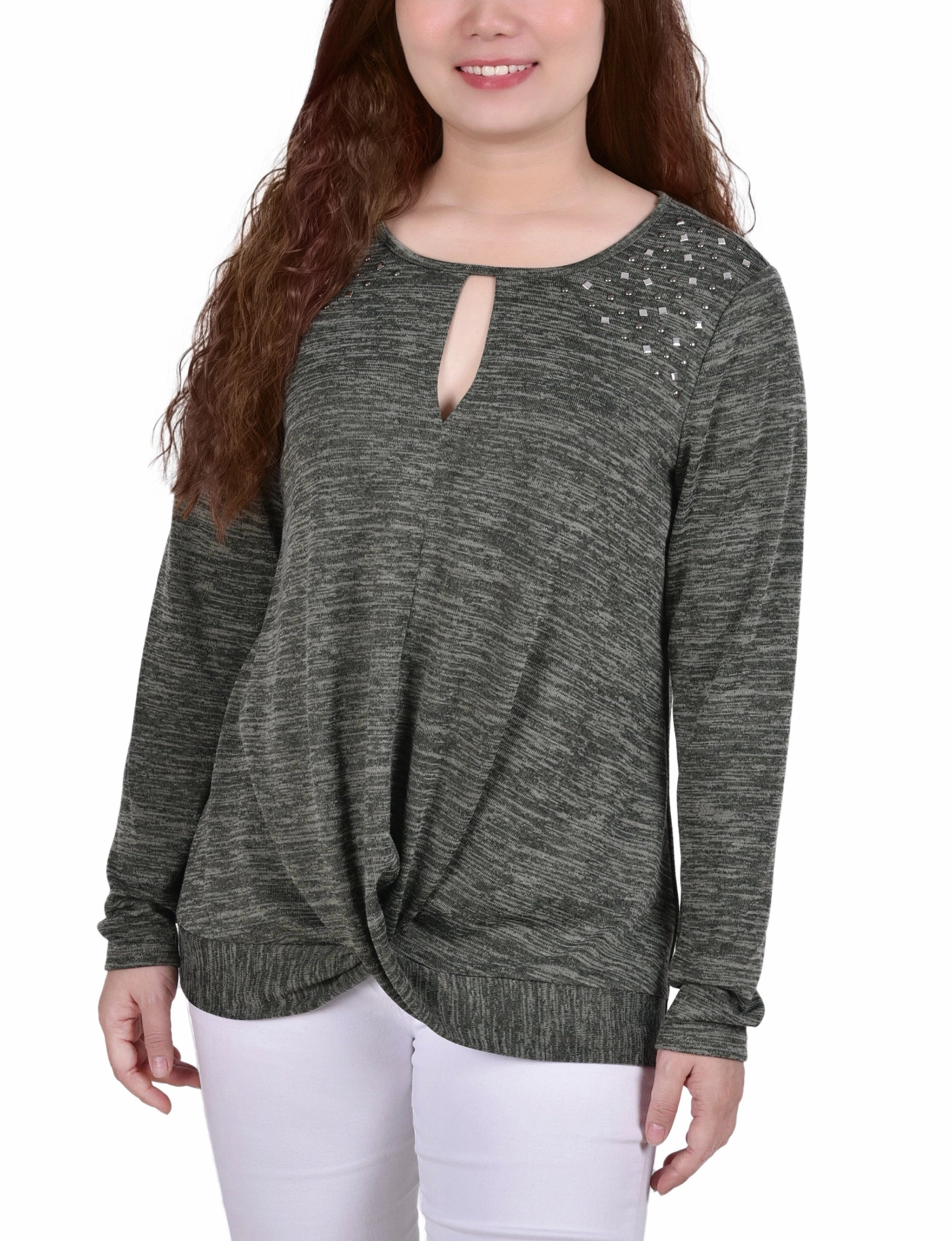 Reinforced Hemline Durable Blend Long Sleeve Knit Keyhole Top With Studs