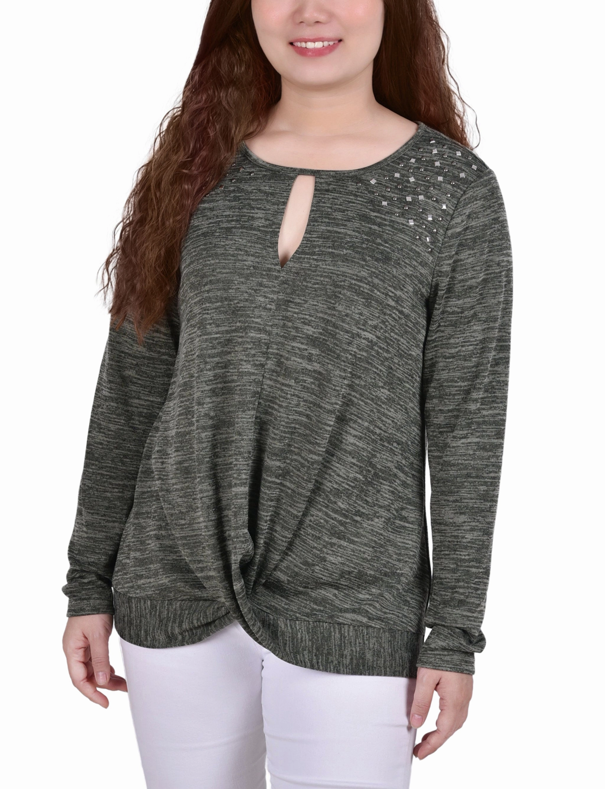 Sustainable Manufacturing Long Sleeve Knit Keyhole Top With Studs