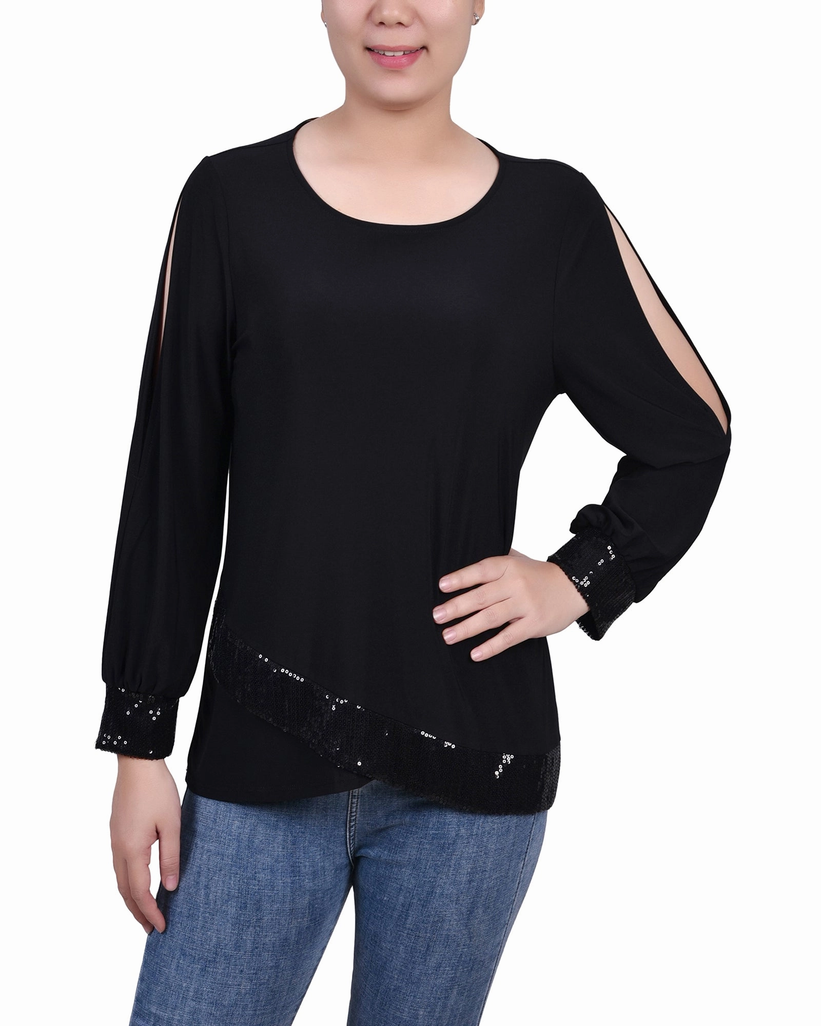 StretchWeave Fabric SnagResistant Surface Long Sleeve Knit Top With Sequin Trim