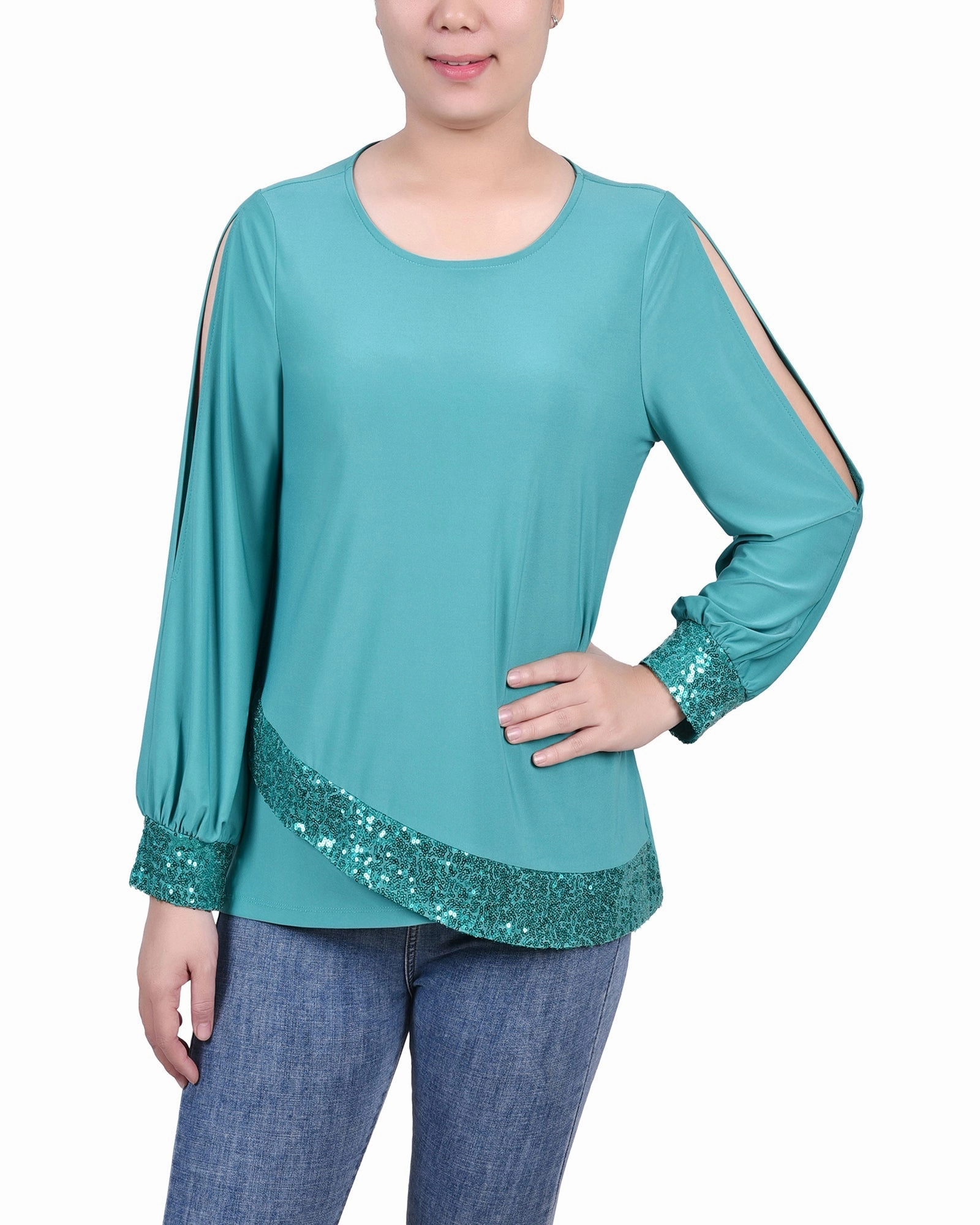 EcoFinish Waterproof Coating Long Sleeve Knit Top With Sequin Trim