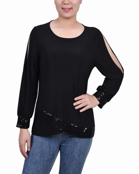 Long Sleeve Knit Top With Sequin Trim Breathable Honeycomb Weave gentle touch