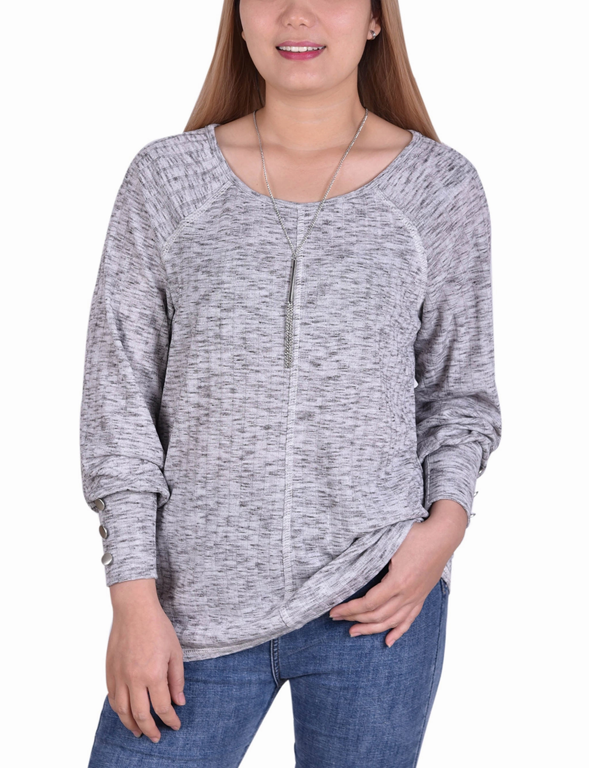 Long Sleeve Ribbed Pullover Top With Detachable Necklace Elastic hem