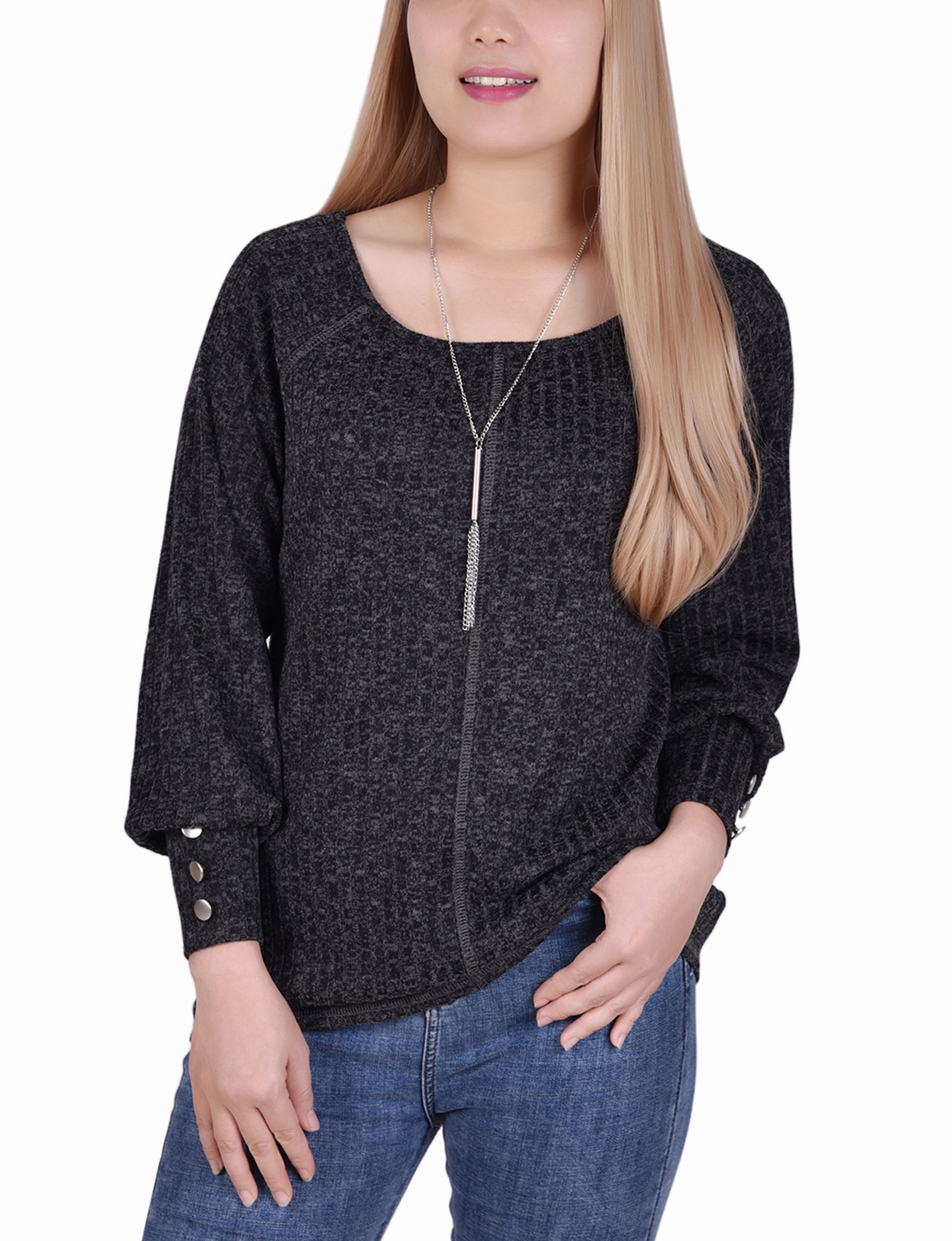Long Sleeve Ribbed Pullover Top With Detachable Necklace Lightweight Thermal Insulation Flexible Ribbing