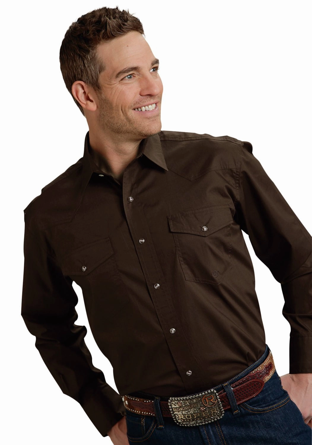 Roper Basic Solid Mens Chocolate 100% Cotton L/S 2 Pkt Western Shirt Statement Maker Anti Static Lining
