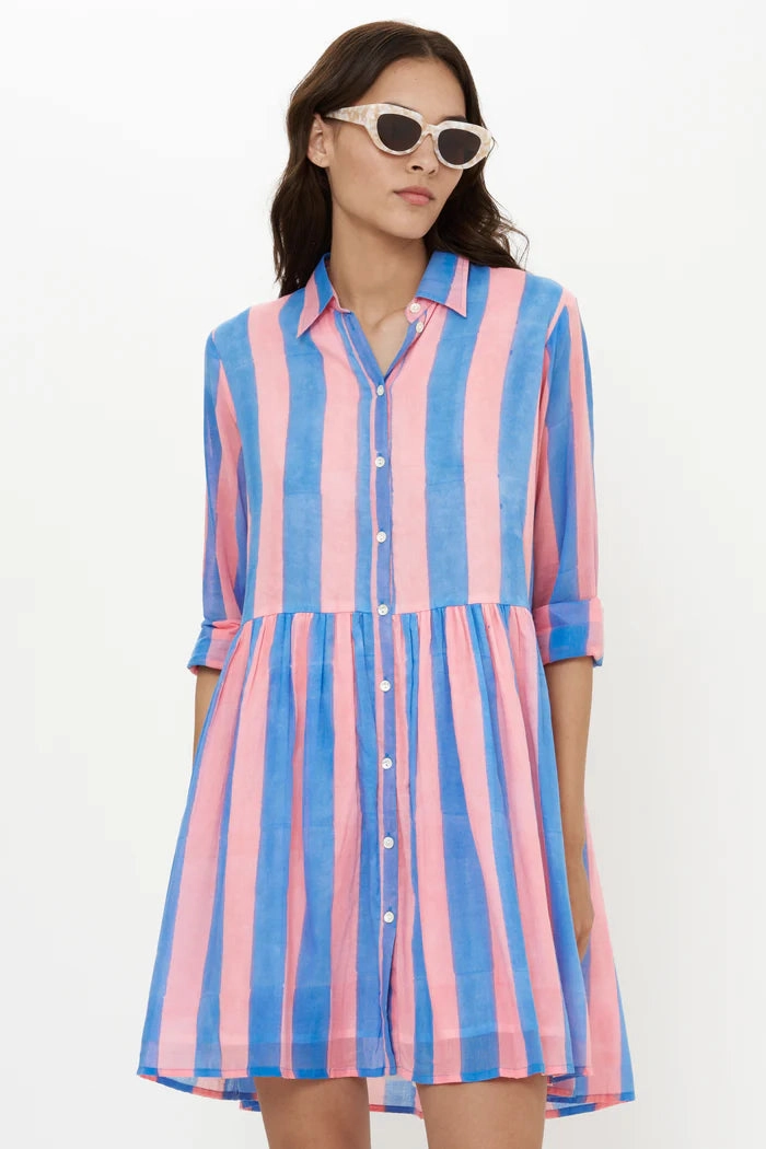 Long Sleeve Shirt Dress Mini in Cabana Pink City Layer All Gender Fit