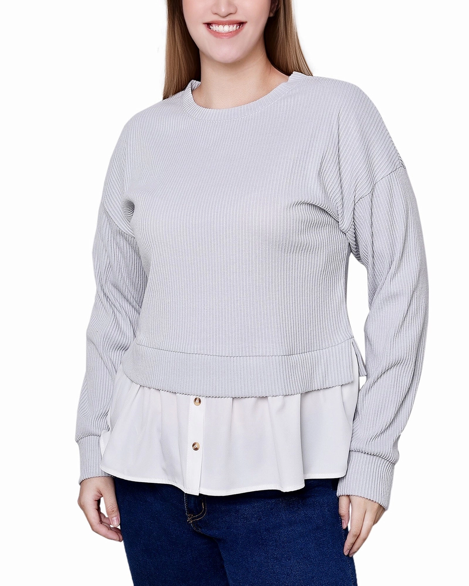 Chic Casual Outfit Long Sleeve Two-Fer Top With Gathered Inset