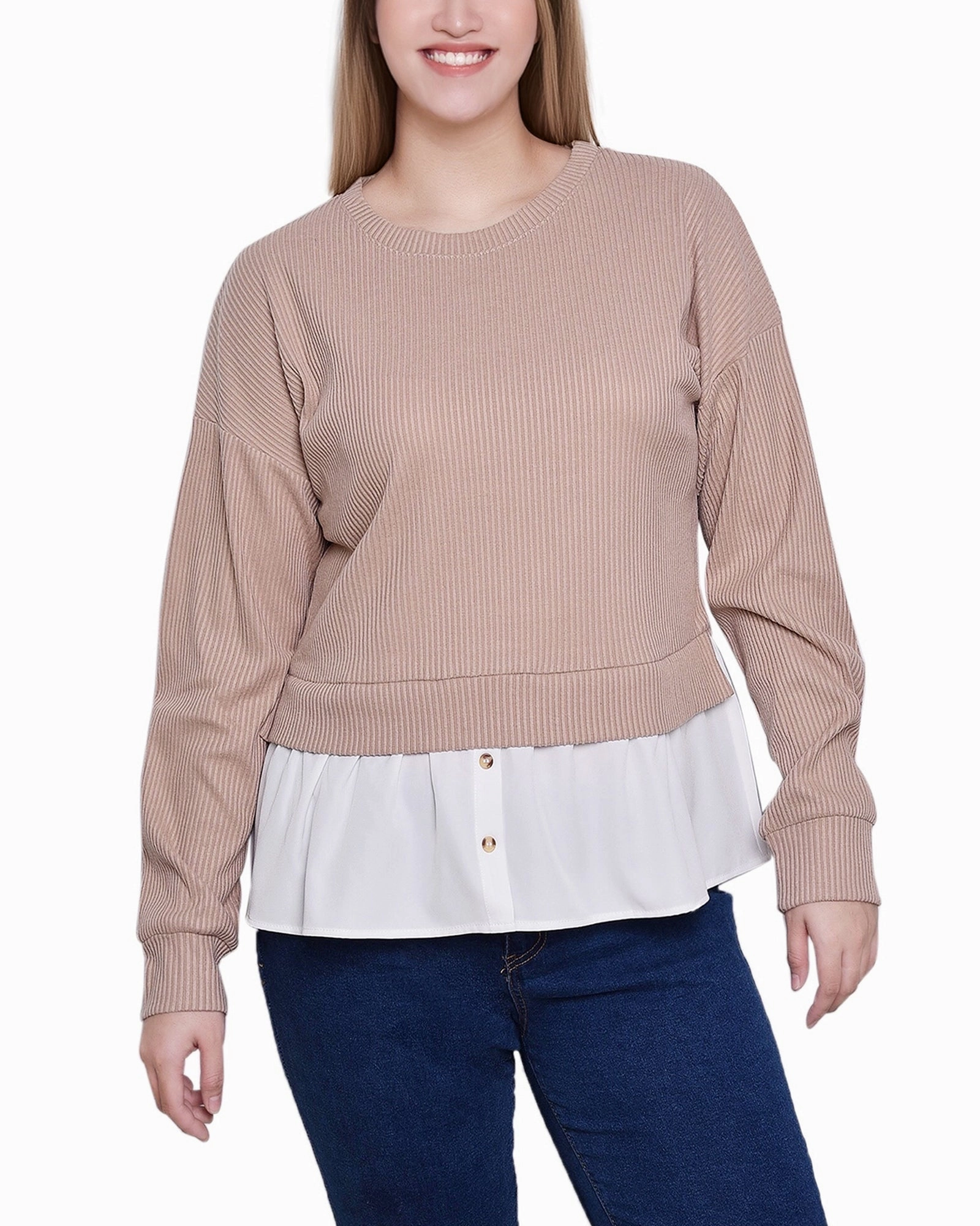 Versatile Layered Outdoor Style Long Sleeve Two-Fer Top With Gathered Inset