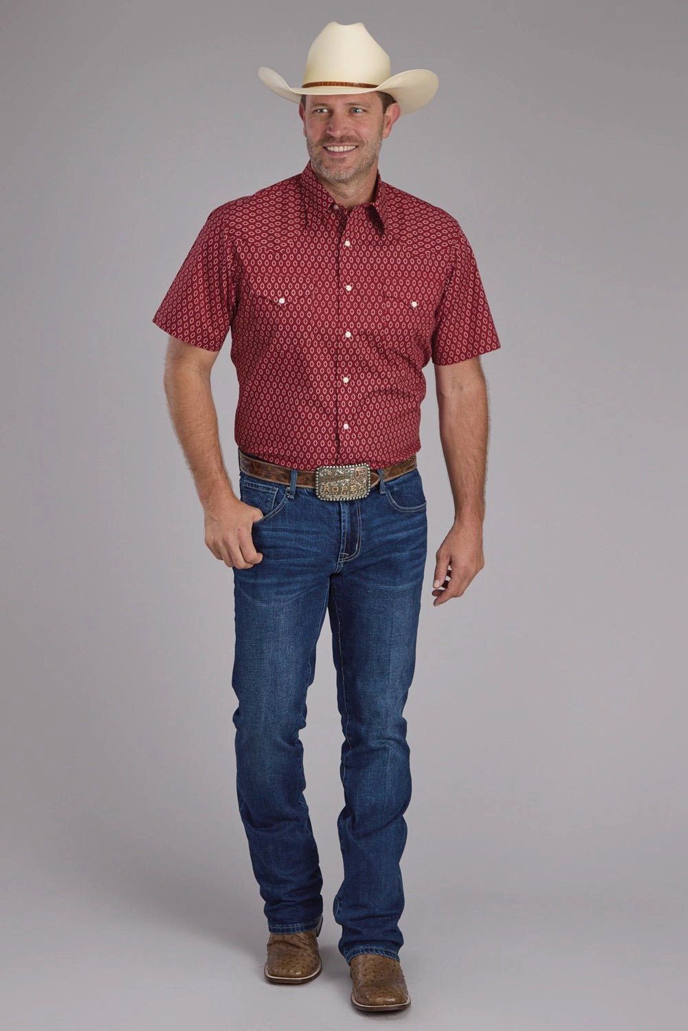 Lightweight Weave Roper Mens Geo Print Red 100% Cotton S/S Shirt